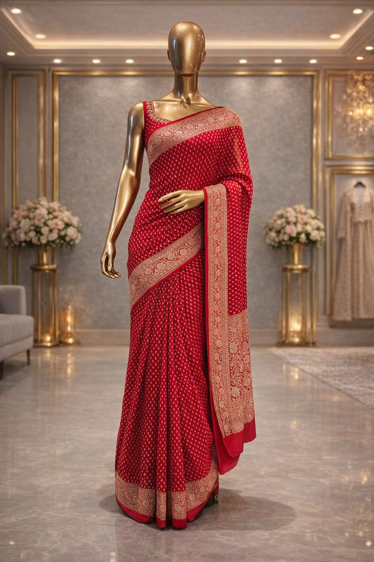 Red Khaddi Georgette Bandhej Saree with Butti Work Simple Traditional Sarees for Women