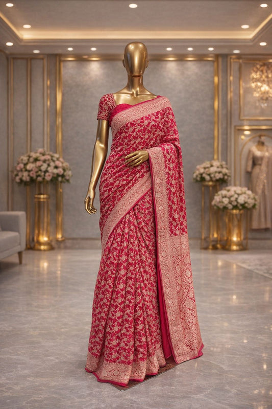 Hot Pink Khaddi Georgette Bandhej Saree with Jaal Weaving, Classic Sarees for Women