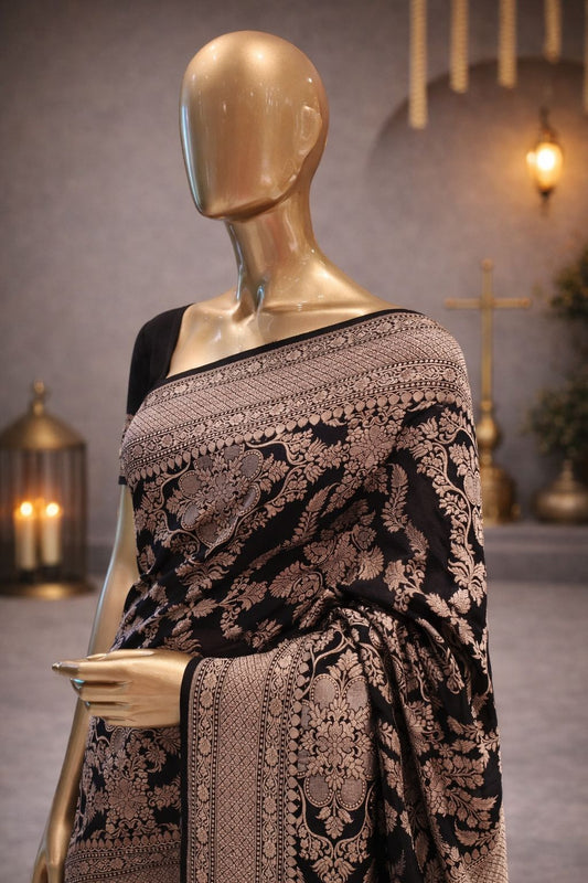 Bold Black Georgette Banarasi Saree with Handwoven Detailing