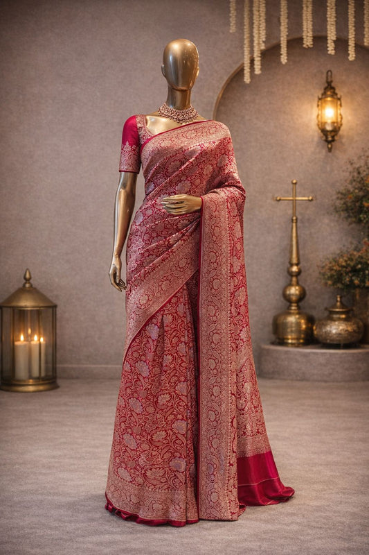 Graceful Red Georgette Banarasi Saree with Fine Hand Weaving
