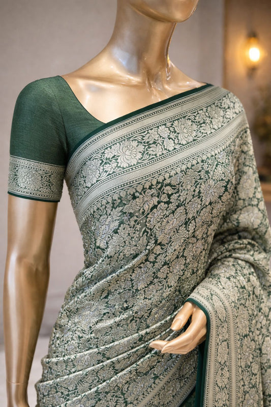 Rich Bottle Green Banarasi Georgette Saree with Handcrafted Weaving