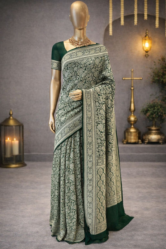 Rich Bottle Green Banarasi Georgette Saree with Handcrafted Weaving