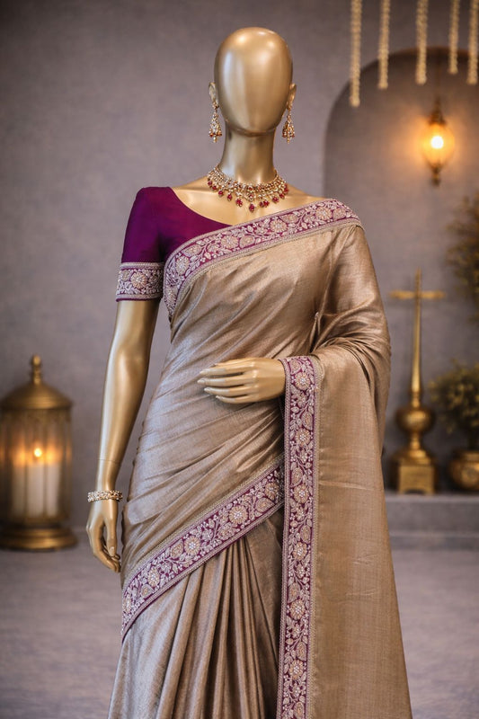 Shimmering Golden Tissue Silk Saree with Zardozi & Dori Detailing