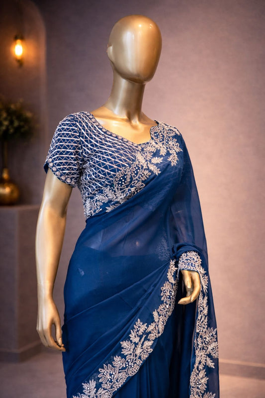 Stunning Blue Organza Saree with Hand Zardozi & Kardana Work  A True Style Statement for Women