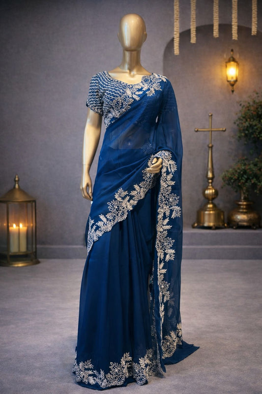 Stunning Blue Organza Saree with Hand Zardozi & Kardana Work  A True Style Statement for Women
