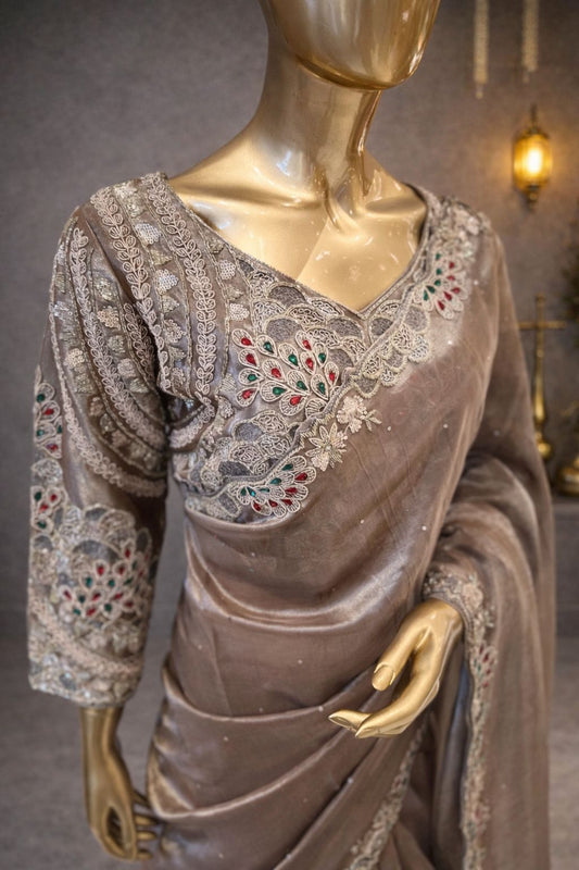 Golden Organza Tissue Saree with Hand Kardana & Emerald Stone Work