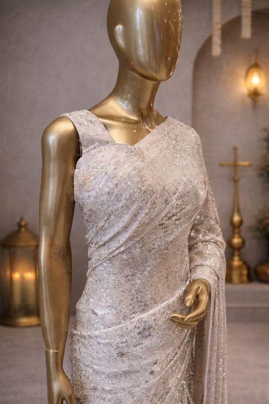 Ivory Net Saree with Subtle Sequence Shine Clean, Elegant & Effortless Fancy Look