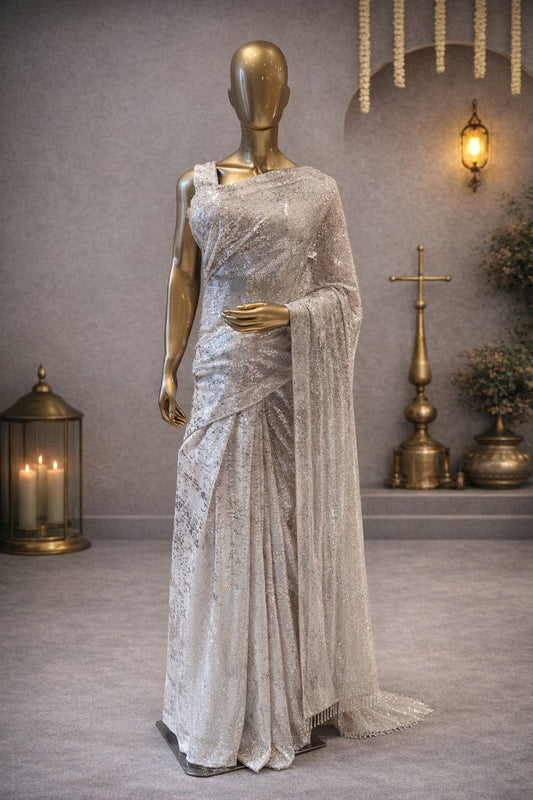 Ivory Net Saree with Subtle Sequence Shine Clean, Elegant & Effortless Fancy Look