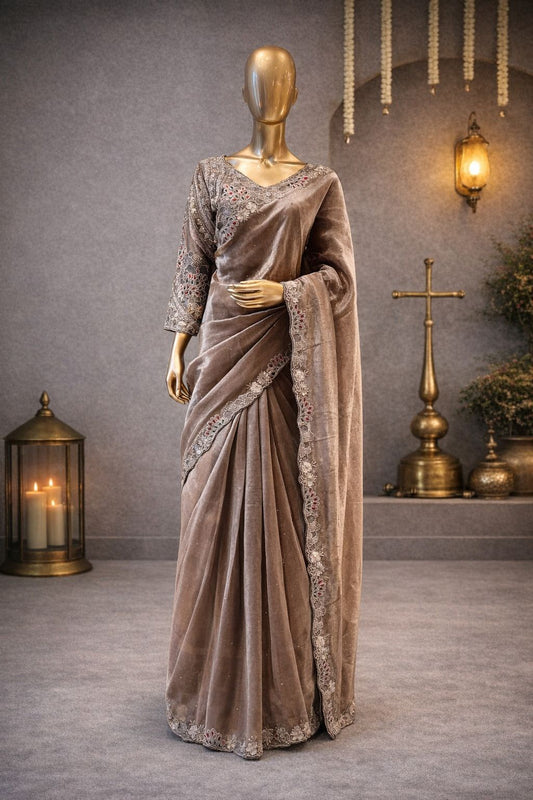 Golden Organza Tissue Saree with Hand Kardana & Emerald Stone Work