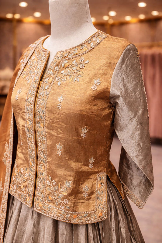 Grey & Golden Indo-Western Lehenga with Hand Gota Patti Embroidered Jacket