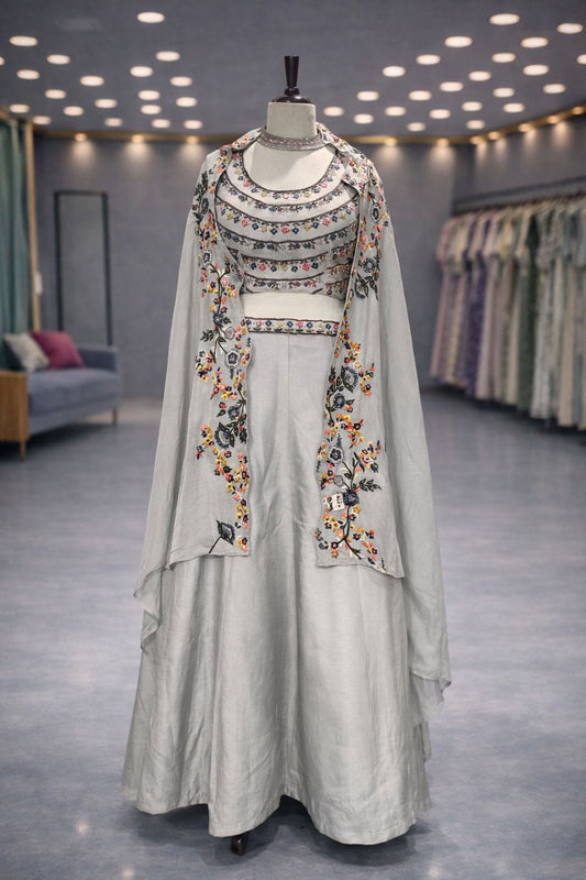 Elegant Grey Indo-Western Lehenga with Multicolor Resham Embroidered Jacket