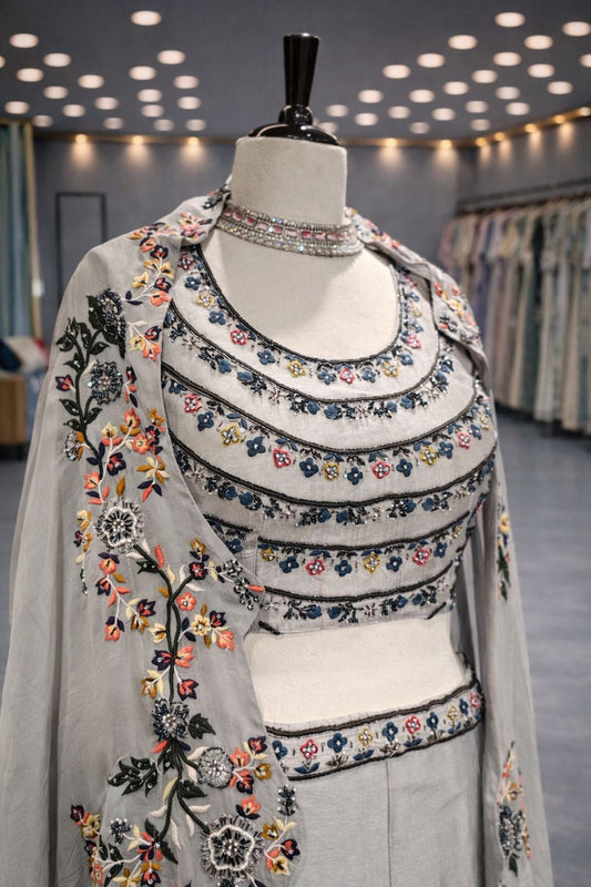 Elegant Grey Indo-Western Lehenga with Multicolor Resham Embroidered Jacket