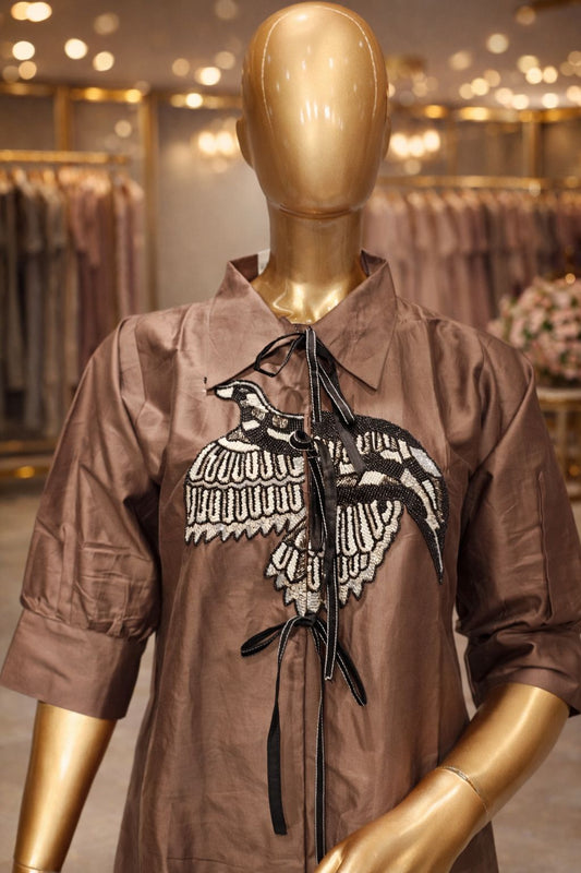 Elegant Coffee Brown Cotton Silk Tunic Dress with Beads & Sequin Bird Embroidery