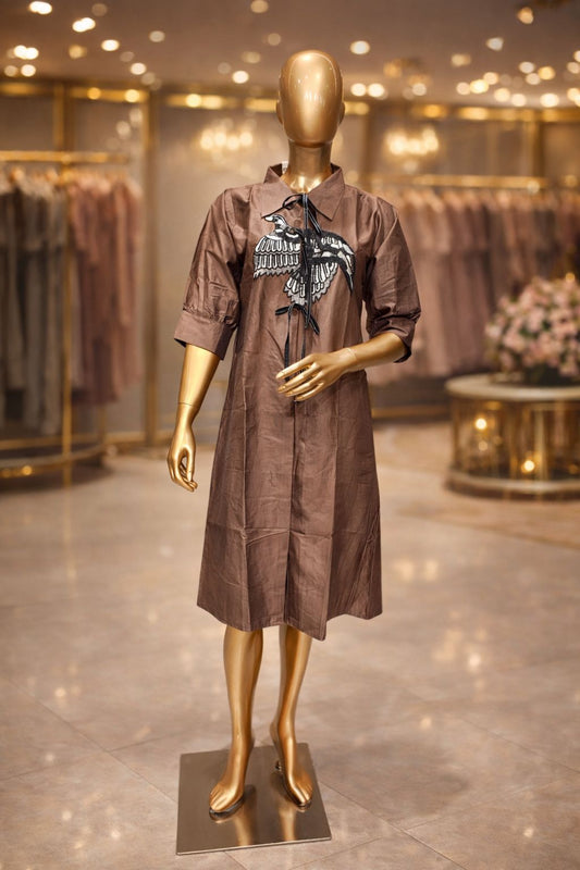 Elegant Coffee Brown Cotton Silk Tunic Dress with Beads & Sequin Bird Embroidery