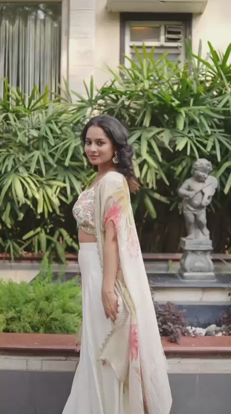 Ivory Blossom Crepe Silk Indo Western Set with Floral Handwork & Elegant Shrug Style