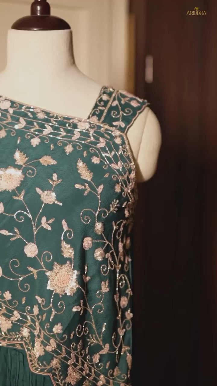 Elegant Rama Green Cape Style Indo-Western Lehenga with Floral Handwork