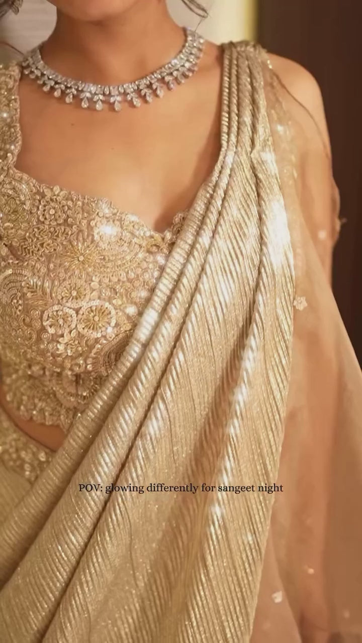 Golden Draped Indo-Western Lehenga with Organza Ruffle Detailing